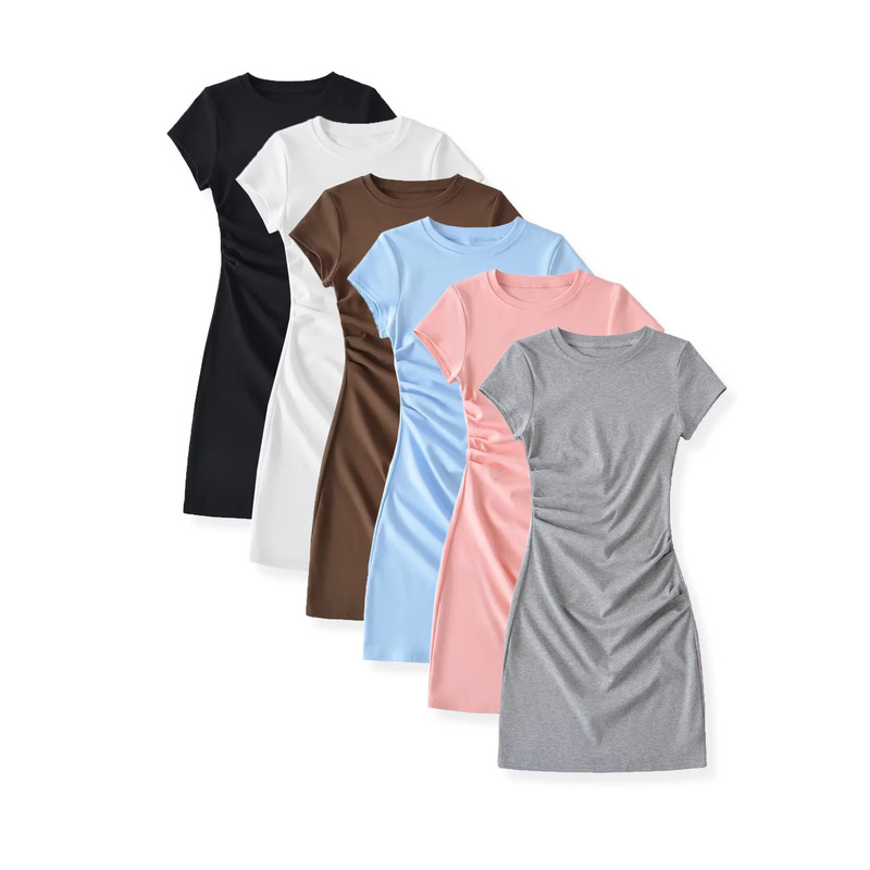 American-style sexy hot girl pleated waist-hugging bodycon dress for women, new summer model with round neck, short sleeves, and slim fit American-style sexy hot girl pleated waist-hugging bodycon dress for women, new summer model with round neck, short sleeves, and slim fit