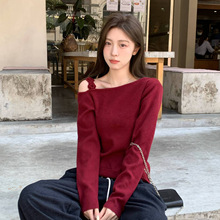 新年红甜美花朵一字肩针织衫女2025春季款斜领露肩内搭打底衫上衣
