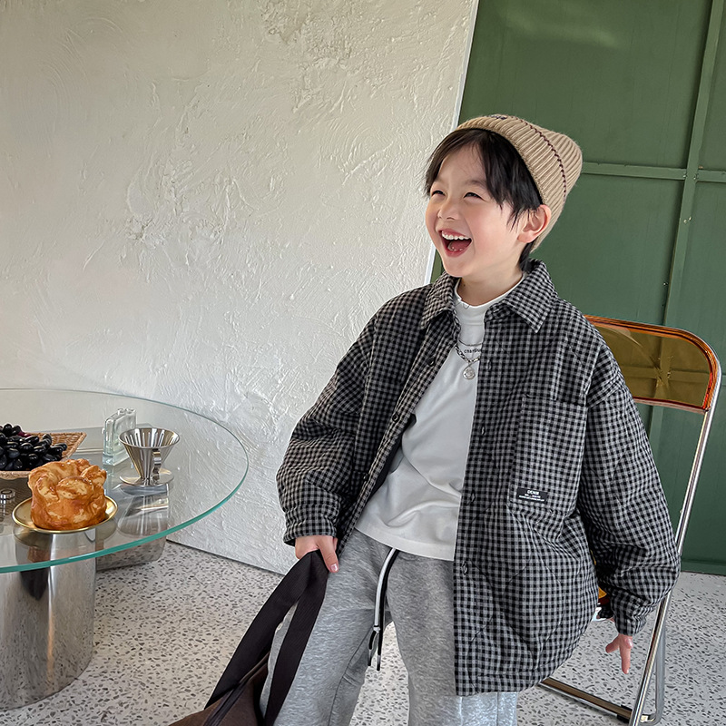 Baodua ropa para niños camisa acolchada para niños Otoño e Invierno 2023 nueva ropa de invierno para niños camisa a cuadros engrosada moda
