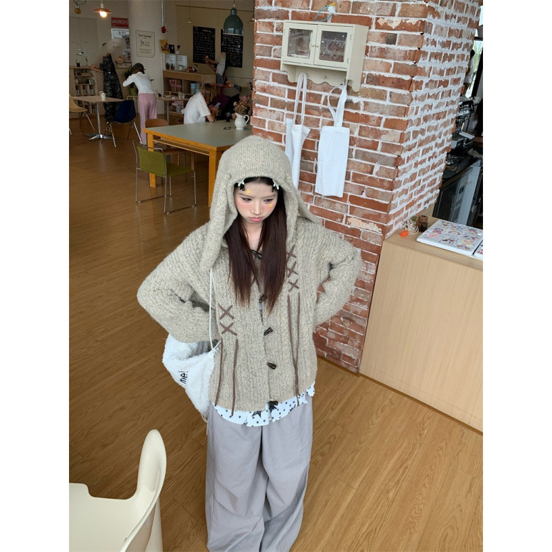 复古慵懒风牛角扣连帽毛衣女秋冬新款美式学院风宽松外套图片色|undefined