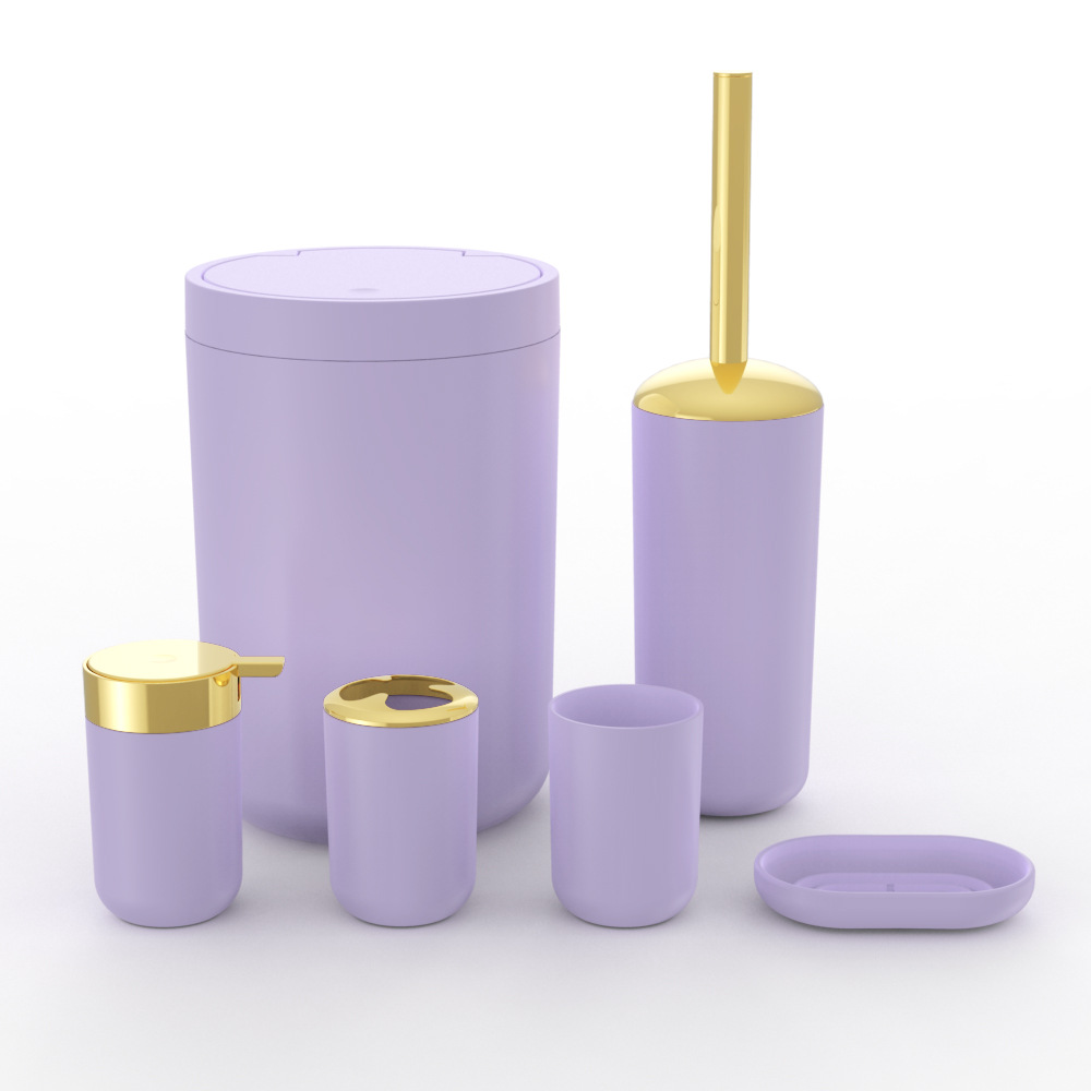 Plástico de color sólido chapado en oro seis piezas conjunto de cepillo de dientes caja de jabón cepillo de inodoro almacenamiento baño conjunto de lavado