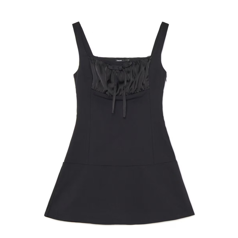Cropp Black Satin Square-Neck Bow Tie Waist-Cinching Slimming Hot Girl Mini Slip Dress European and American Style Cropp Black Satin Square-Neck Bow Tie Waist-Cinching Slimming Hot Girl Mini Slip Dress European and American Style