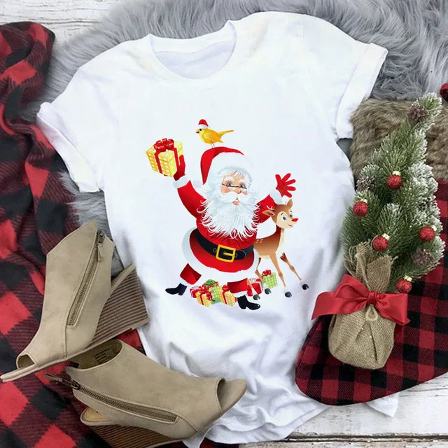 AliExpress foreign trade Christmas Christmas gift printing women's short-sleeved casual women's round neck T-shirt bottoming shirt