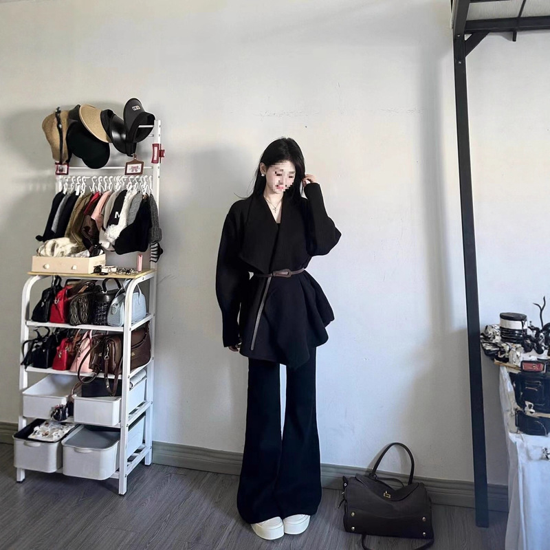 套装女2025春季韩系感收腰针织毛衣外套高腰显瘦阔腿裤两件套|undefined