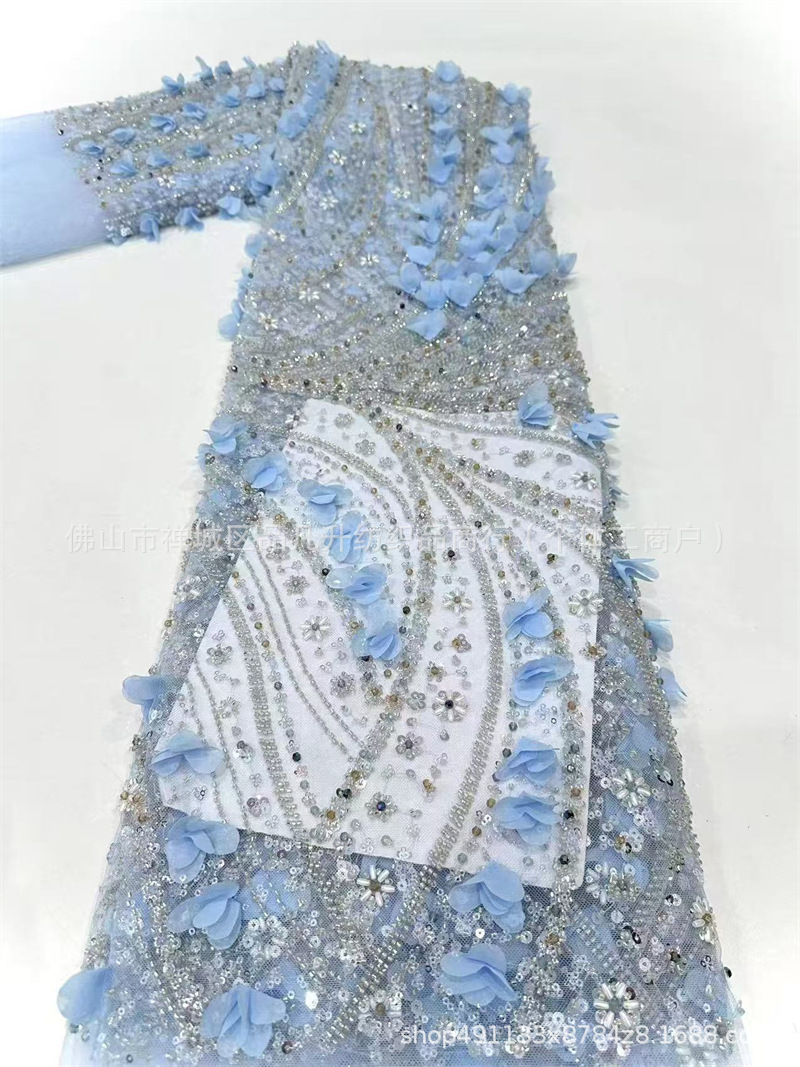 Tejido de bordado de tubo de perlas decalcado a mano diseño ligero lujoso de moda espectáculo de escenario vestido de tela de encaje