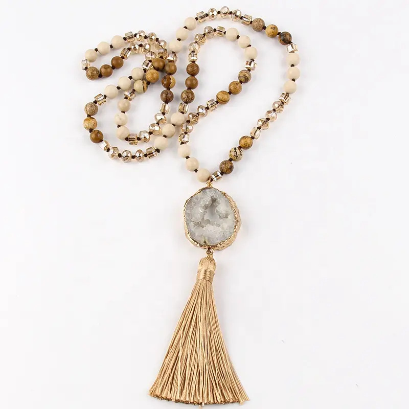 Ethnic Style Water Droplets Semi-Precious Stone, Glass, Crystal Cluster Beaded Tassel Plating Unisex Pendant Necklace display picture 2