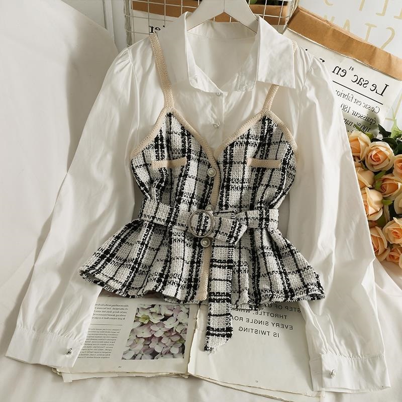 Korean Retro Contrast Color Splicing Tweed Fake Two-Piece Shirt for Women Autumn High Waist Strap Slim Lapel Long-Sleeved Top