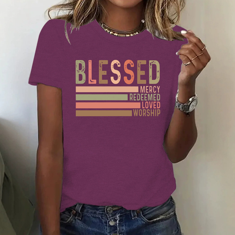 Cross-border women's short-sleeve T-shirt with printed blessings and upward letters, round neck, loose fit, casual T-shirt for women on eBay Cross-border women's short-sleeve T-shirt with printed blessings and upward letters, round neck, loose fit, casual T-shirt for women on eBay