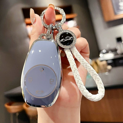 car remote control key case protective: Car key bag - old-zero-run-gray-blue-single-shell-white-round-drill-braided-rope