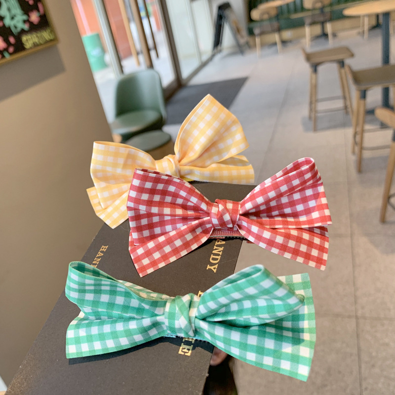女童发夹可爱格子立体蝴蝶结发卡子学院风女孩头饰顶夹 diy发饰女