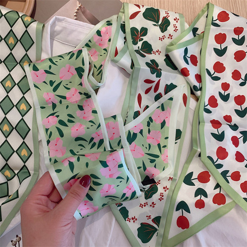 Small fresh green color whitening multi-functional small scarf for women new long streamer to tie hair and headband to decorate small scarf