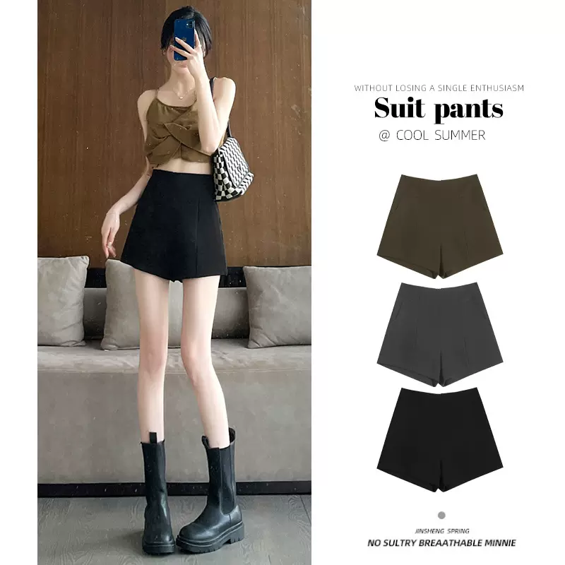 西装短裤女夏季薄款高腰宽松显瘦直筒休闲中裤卡其色阔腿热裤子