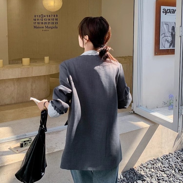 预售蕾丝拼接灰色休闲西装外套女春秋2025新款宽松显瘦气质西服|undefined