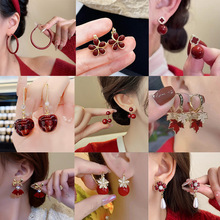 安可拉红银针滴油几何耳环时尚百搭复古耳扣小众高级感气质耳饰女