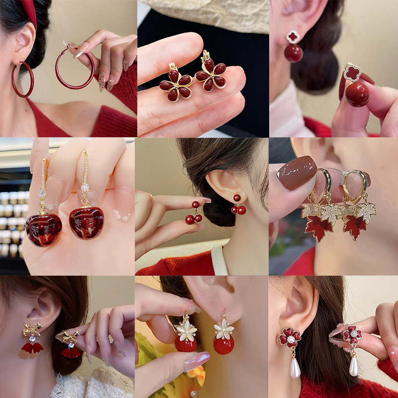 ankela red silver needle drop oil geometric earrings fashionable all-match retro ear clip niche graceful earrings women