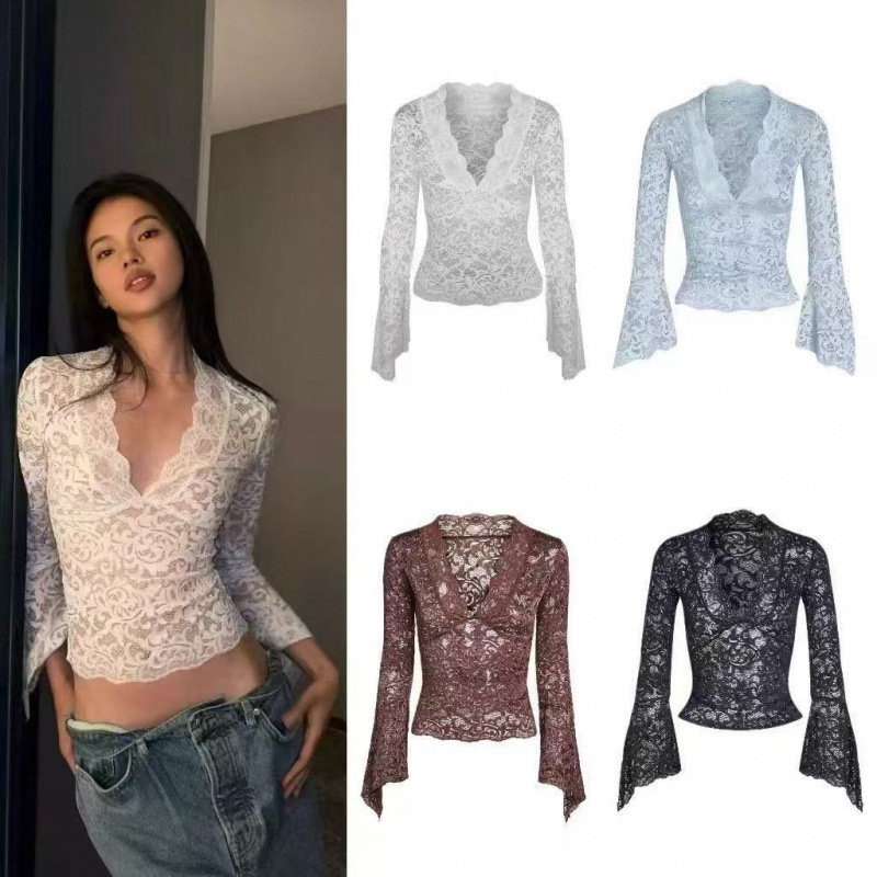 Iamgia New Sexy See-Through Sexy Pure Lust Style V Neck Cut Out Lace Trumpet Sleeve See-Through Slim Top
