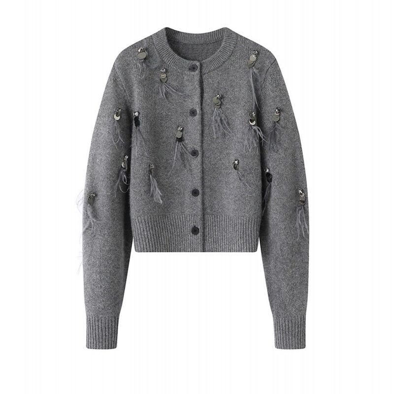 Early Autumn New French Heavy-Duty Chic Sequined Feather Knitted Jacket Round Neck Temperament Short Top Cardigan Early Autumn New French Heavy-Duty Chic Sequined Feather Knitted Jacket Round Neck Temperament Short Top Cardigan