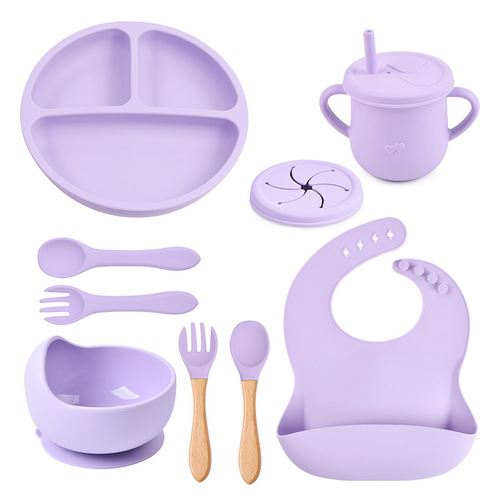 Round silicone dinner plate baby bib infant children bowl utensil fork anti-slip snack cup set cross-border