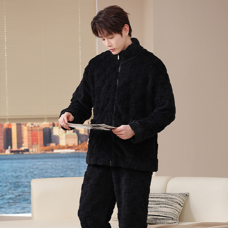 2024 가을과 겨울 남성 칼라 파자마 산호 양털 기모 패딩 플란넬 청소년 홈 의류 2 세트