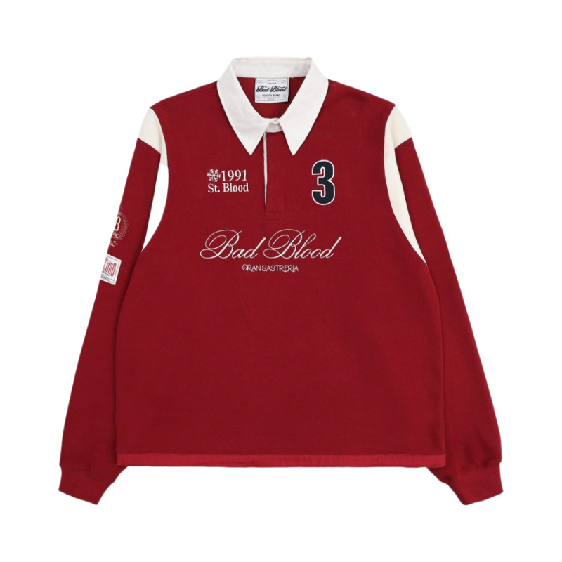badblood Holy Blood Rugby Polo Shirt Women's American Style Retro High Street Heavy Embroidered Color Contrast Loose Sweater