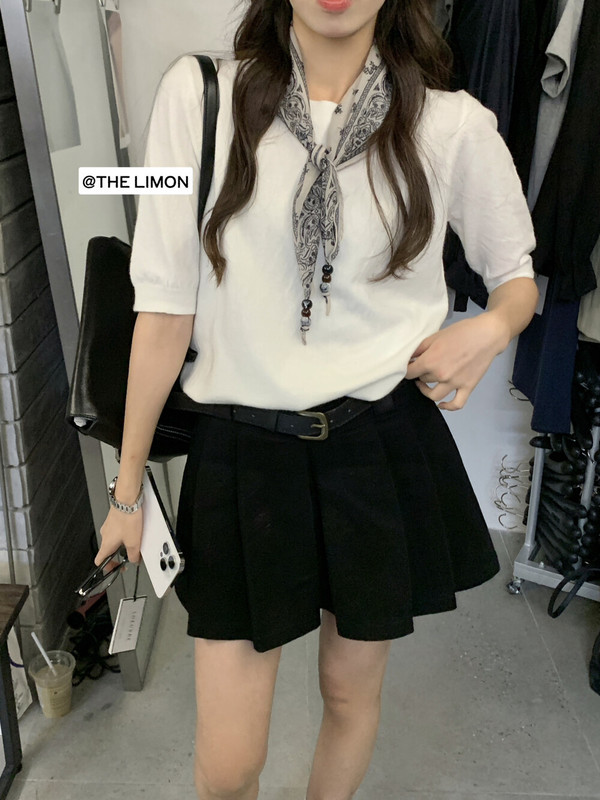 thelimon柠檬绿茶秋季新款韩版高腰显瘦百褶裙女半身裙短裙配腰带|undefined