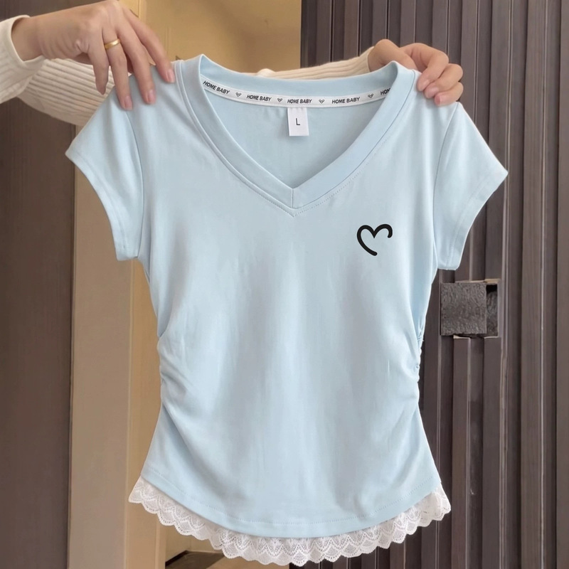 2026 Summer New Korean Style Sweet Lace Trim Slim Fit V-Neck Top, Waist-Cinching Slimming Short-Sleeve T-Shirt for Women