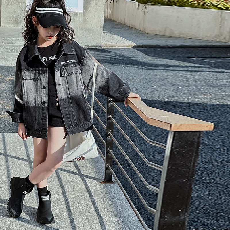 Women's Big Kid Street Style Jacket 2024 New Girl Korean Style Gradient Color Denim Top Children's Spring and Autumn Streetwear