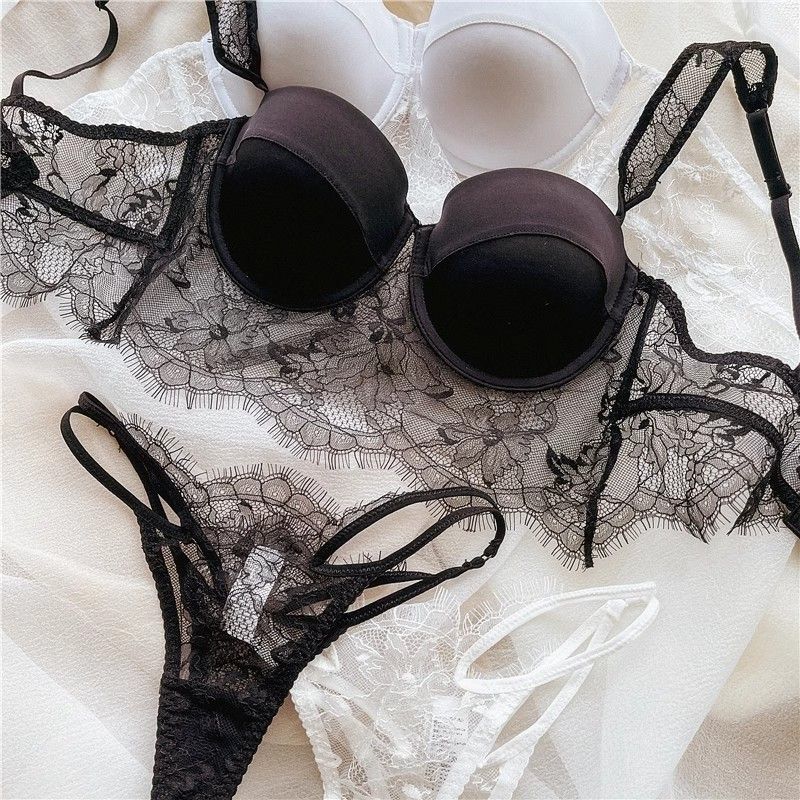Sexy Lace Thin Cup Bra Push-up Adjustable Soft Steel Ring Anti-sagging Tuck Thong Underwear suit