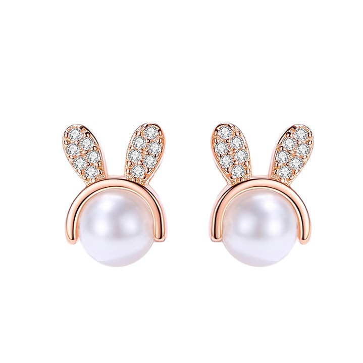 Lindo conejito diamante-incrustado pequeño S925 pendientes de plata elegante cuentas de plástico dulce pendientes de todo partido para las mujeres