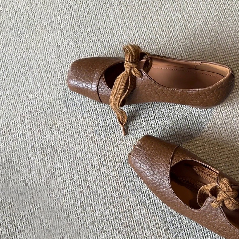 Cowhide Version with 5cm Hidden Height Increase, Korean-Style Lace-Up Square-Toe Mary Jane Shoes, Sweet French-Style Shallow Ballet Flats for Women