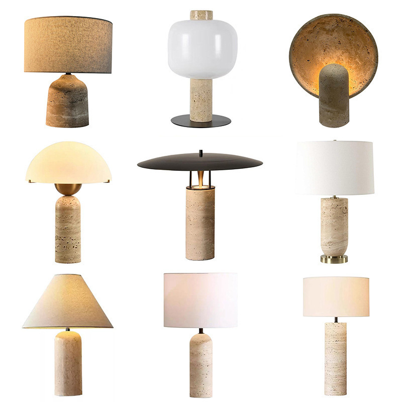 Travertine Fabric Shade Table Lamp Series, Light Luxury Decorative Stone Table Lamp, Nordic Designer Style, Creative Retro Bedside Lamp
