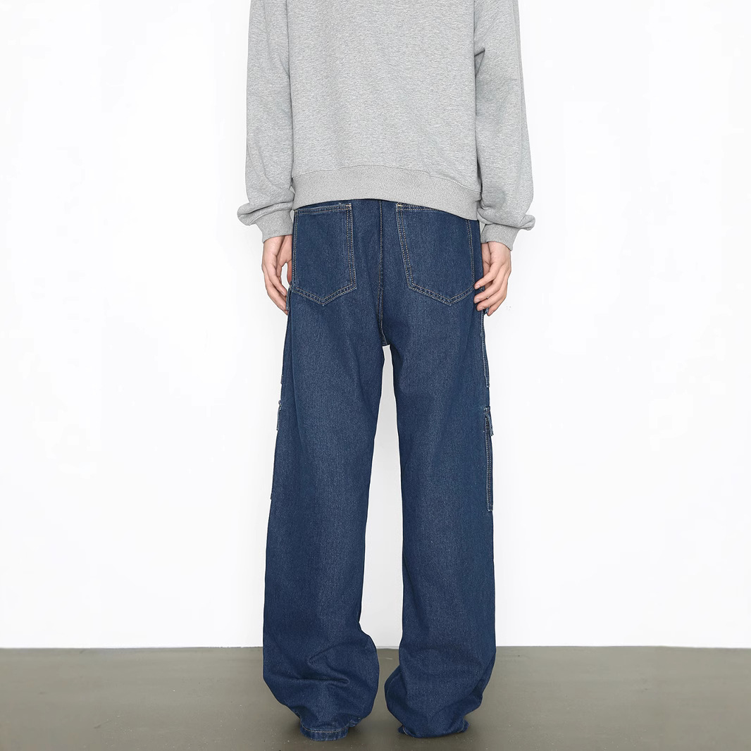 Vintage Washed Denim Cargo Pants - Relaxed Fit Multi-Pocket Workwear Jeans For Men_mkmklike.com