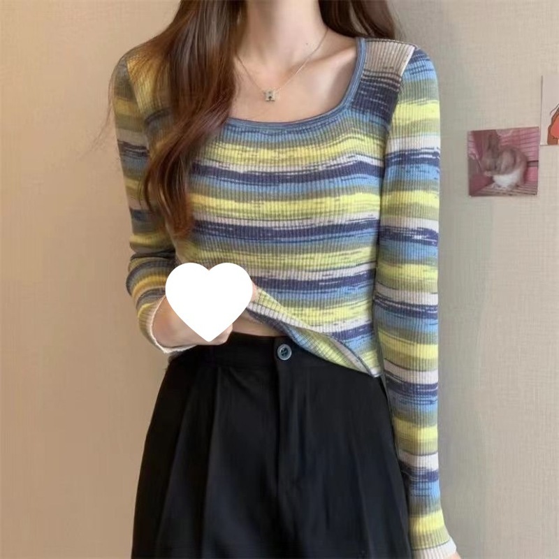 设计感条纹方领打底内搭女长袖早秋季短款hic甜辣修身显瘦打底衫|undefined
