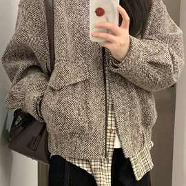 美式复古翻领夹克外套女学生秋季新款设计感宽松百搭休闲棒球服潮