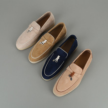 鼎版25羊绒镶边lp乐福鞋鹿皮一脚蹬懒人鞋拼色平底休闲女鞋白底鞋