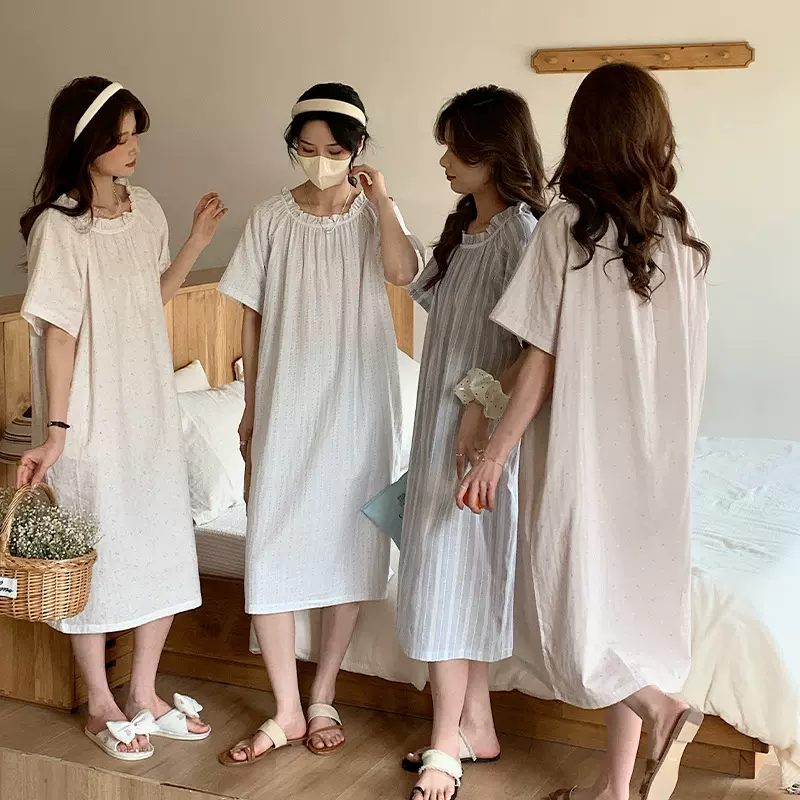 森岛 纯棉印花短袖睡裙女春夏蕾丝宽松连衣裙小个子日系外穿睡衣