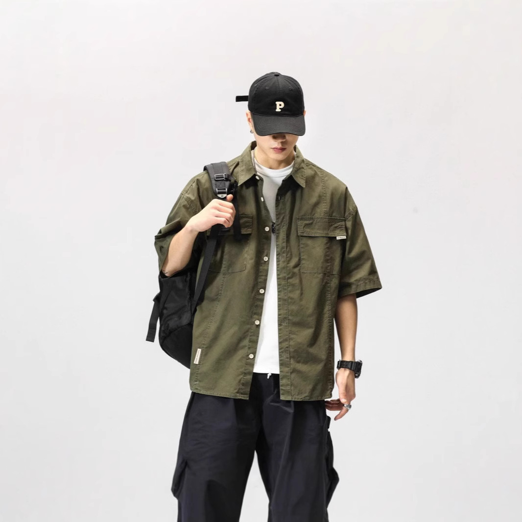Workwear Short-Sleeved Shirt, Masculine and Handsome Military Green Ins Trendy Brand Japanese Style Style Street-Style Personalized Half-Sleeved Shirt