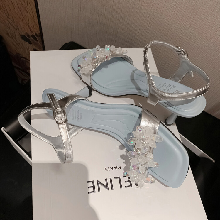 Sandal cao gót nữ mũi nhọn đính cườm da bò, gót nhọn 9 cm — Màu đen, Màu xanh lam chi tiết 15
