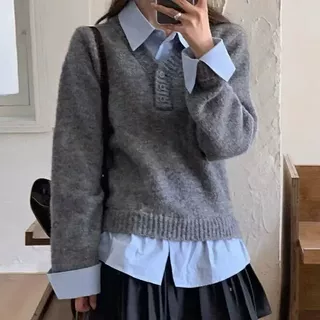 韩系学院风假两件毛衣女时尚休闲衬衫领撞色设计感减龄针织衫上衣
