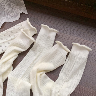 Summer Thin Glass Silk Women's Mid-Calf Socks with Hollow Mesh Design, Paired with Mary Jane Leather Shoes