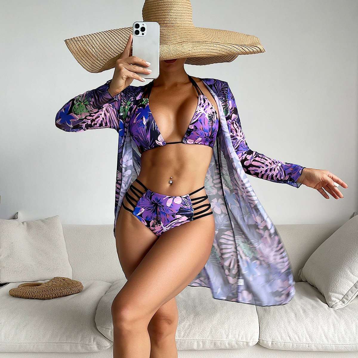 Split swimwear, set, brand long-sleeve, European style, 3 piece set, internet celebrity