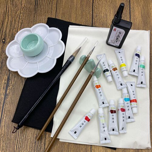 Traditional Chinese painting art tool set, simple set, 12-color paint for adults and children to practice ink painting, study brush