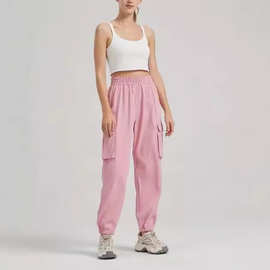 2024欧美新款女装休闲纯色工装橡筋拉伸腰橡筋收脚口立体袋运动裤