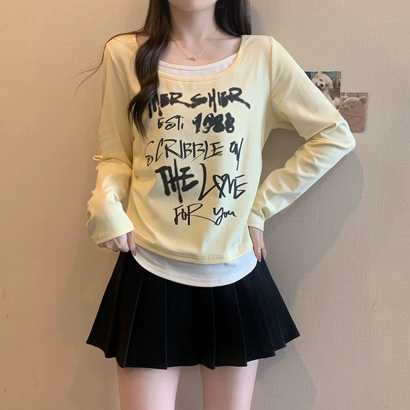Spring set with letters, long-sleeve, T-shirt, plus size