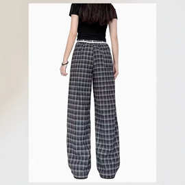 2026秋季美式复古字母腰头格纹裤男女宽松休闲拖地直筒长裤