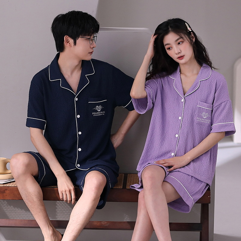 Pareja pijama de manga corta pantalones cortos cardigan algodón de verano coreano casual trajes de mujer ropa de hogar grande suelta para hombres
