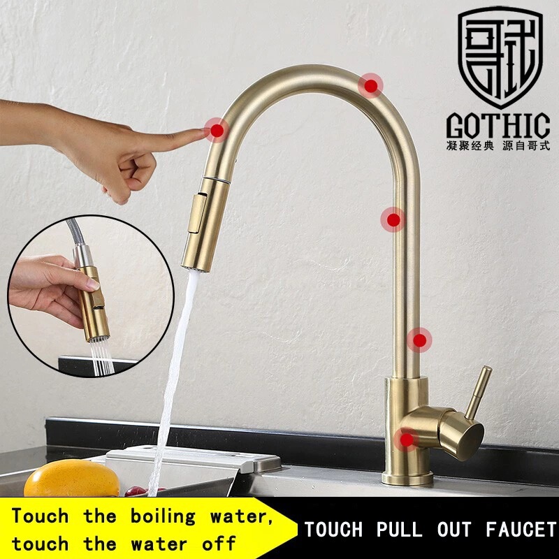 Gothesque brushed gold kitchen drawing faucet smart touch induction stainless steel black chrome color sink dish basin faucet