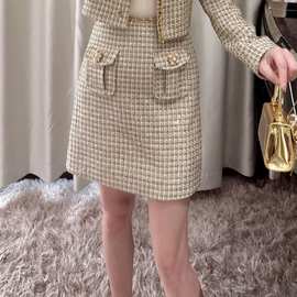 秋冬新款女装金色格子粗花呢绣花亮片小香风高腰百搭半身小短裙子
