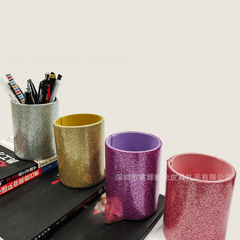 En stock suministro Amazon multicolor brillo pu almacenamiento pluma titular pluma cubo cuero creativo maquillaje cepillo