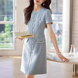 法式小香风圆领短袖连衣裙2026夏季新款优雅气质通勤中长裙子